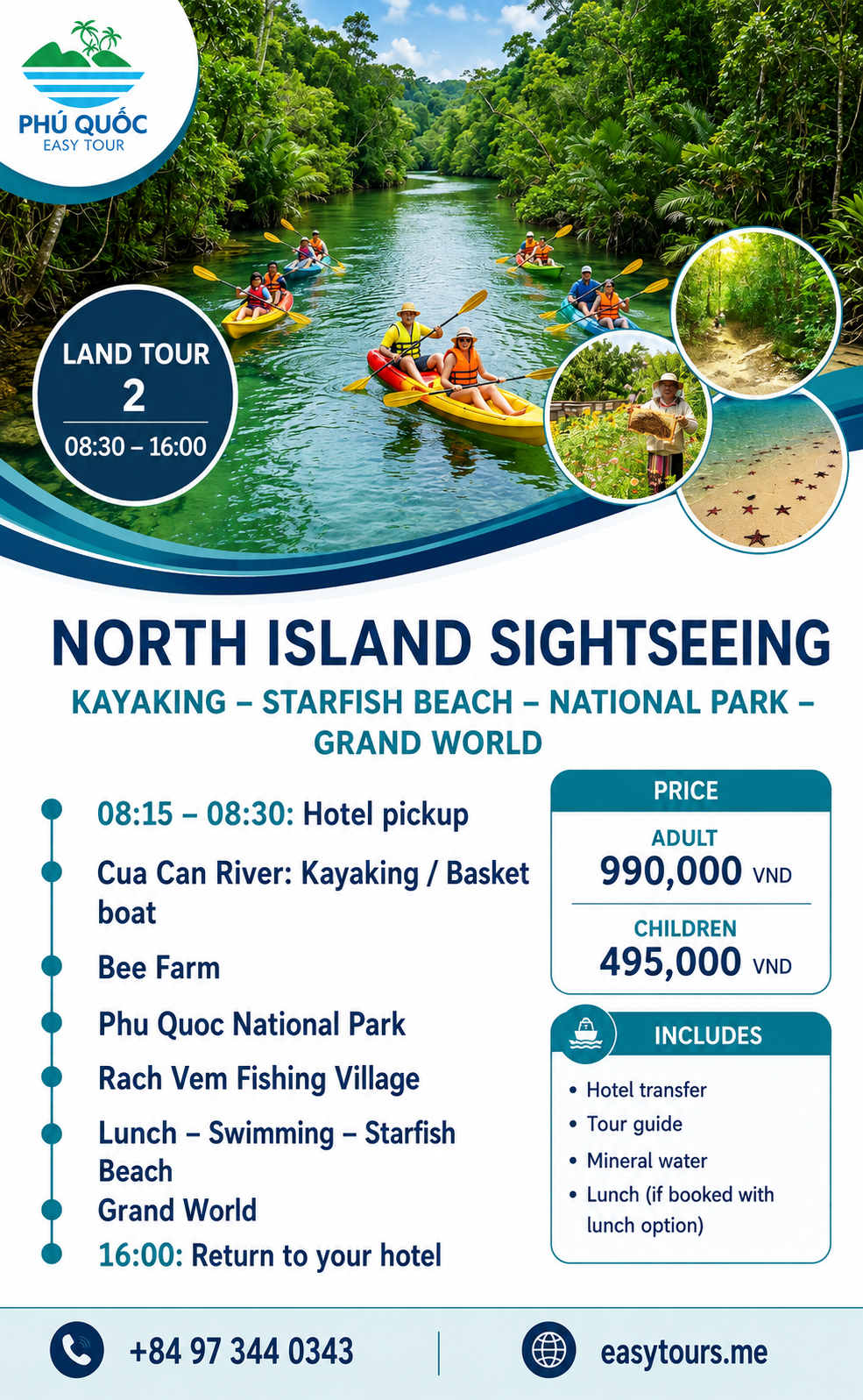 Land Tour 2: Tour Tham Quan Bắc Đảo – Chèo Thuyền Kayak - Làng Chài Rạch Vẹm – Rừng Nguyên Sinh – Khám Phá Grand Word