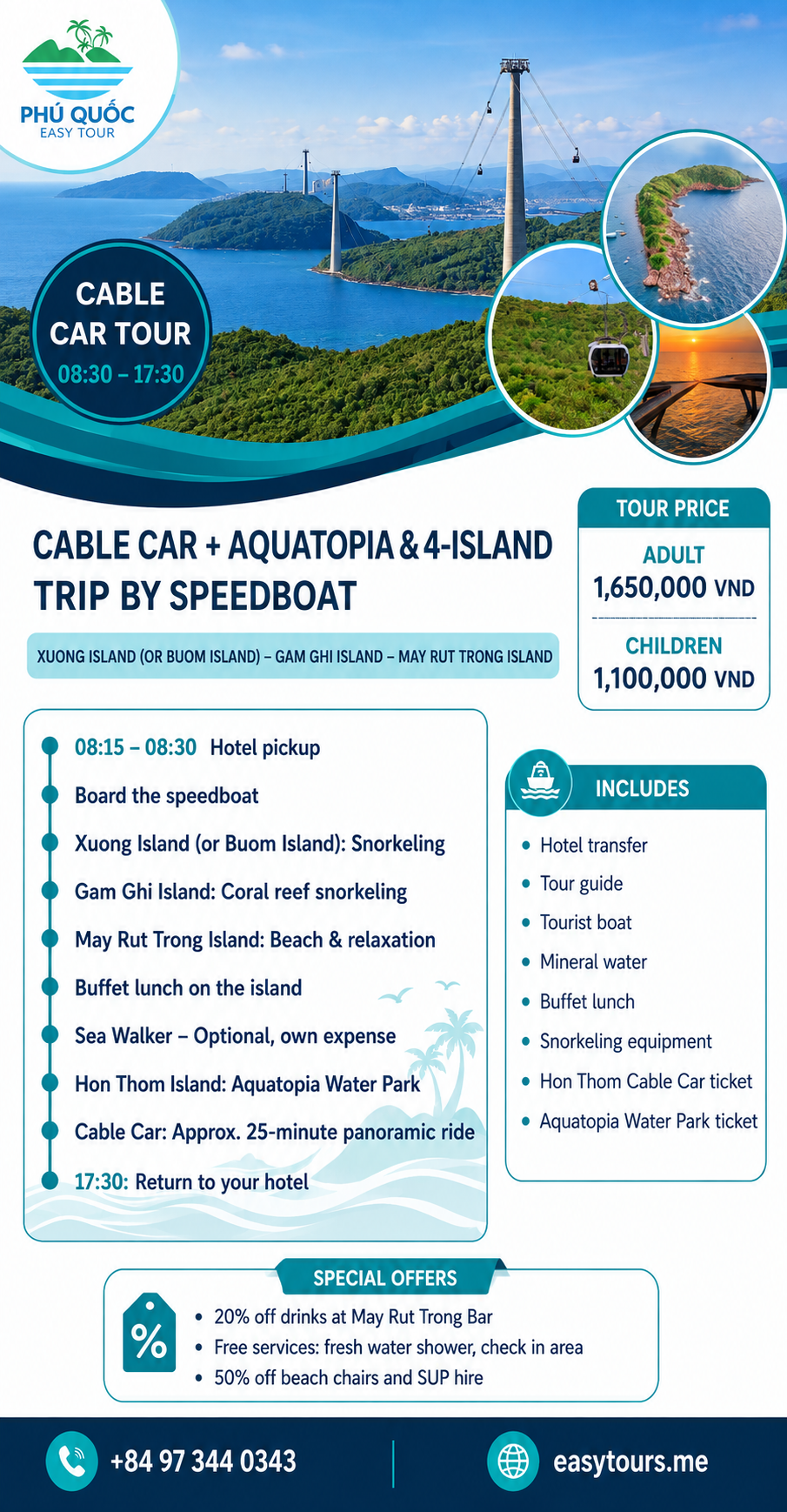 Cable Car Trip: Tour 4 Đảo Bằng Cano – Cáp Treo + Công Viên Nước AQUATOPIA